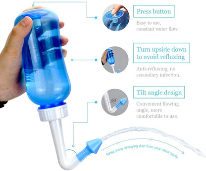 Waterpulse Neti Pot & Nasal Rinse Bottle — 300ml, 30 Salt Packets, Thermometer Sticker (Blue)