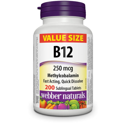 Webber Naturals Vitamin B12 250 mcg Methylcobalamin Sublingual Tablets – 200