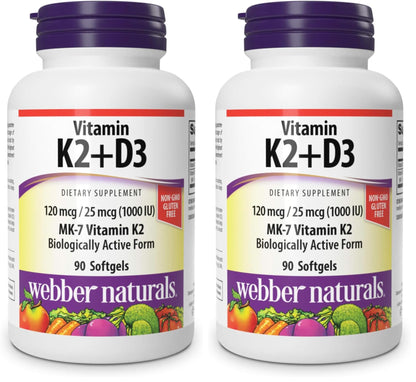 Webber Naturals Vitamin K2 MK-7 120 mcg + Vitamin D3 1000 IU - 90 Softgels | Gluten Free, Non-GMO | Pack of 2