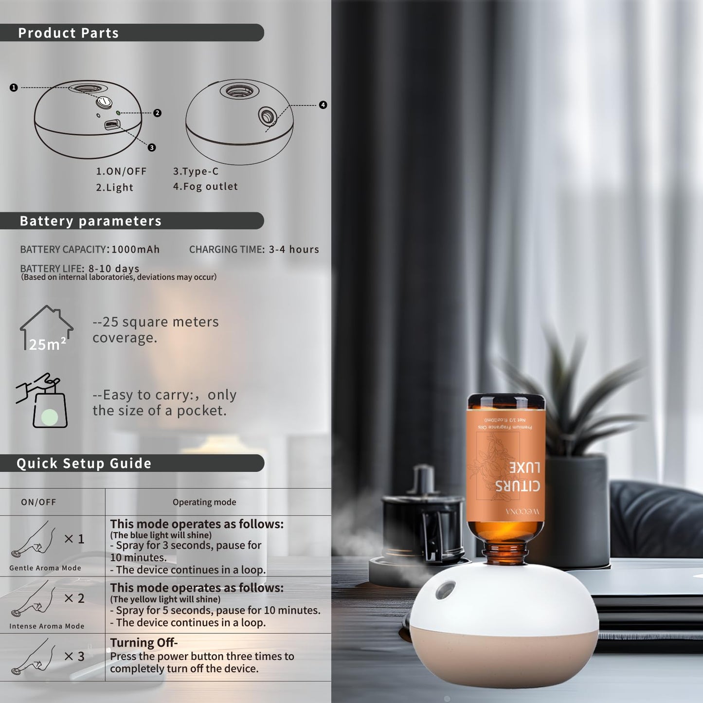 Wecona Waterless Rechargeable Scent Diffuser – Hotel Collection with 6 Oils | Two Modes
