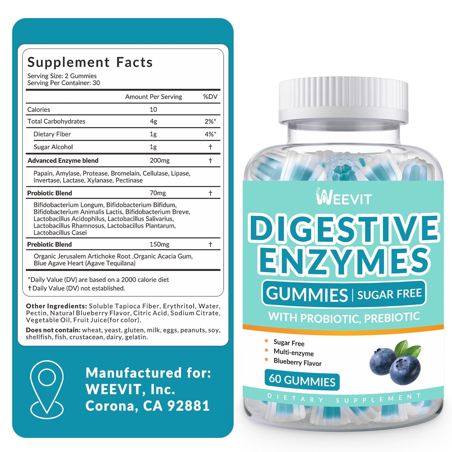 WEEVIT Digestive Enzymes Gummies – Sugar Free, Vegan Probiotic & Prebiotic Blend