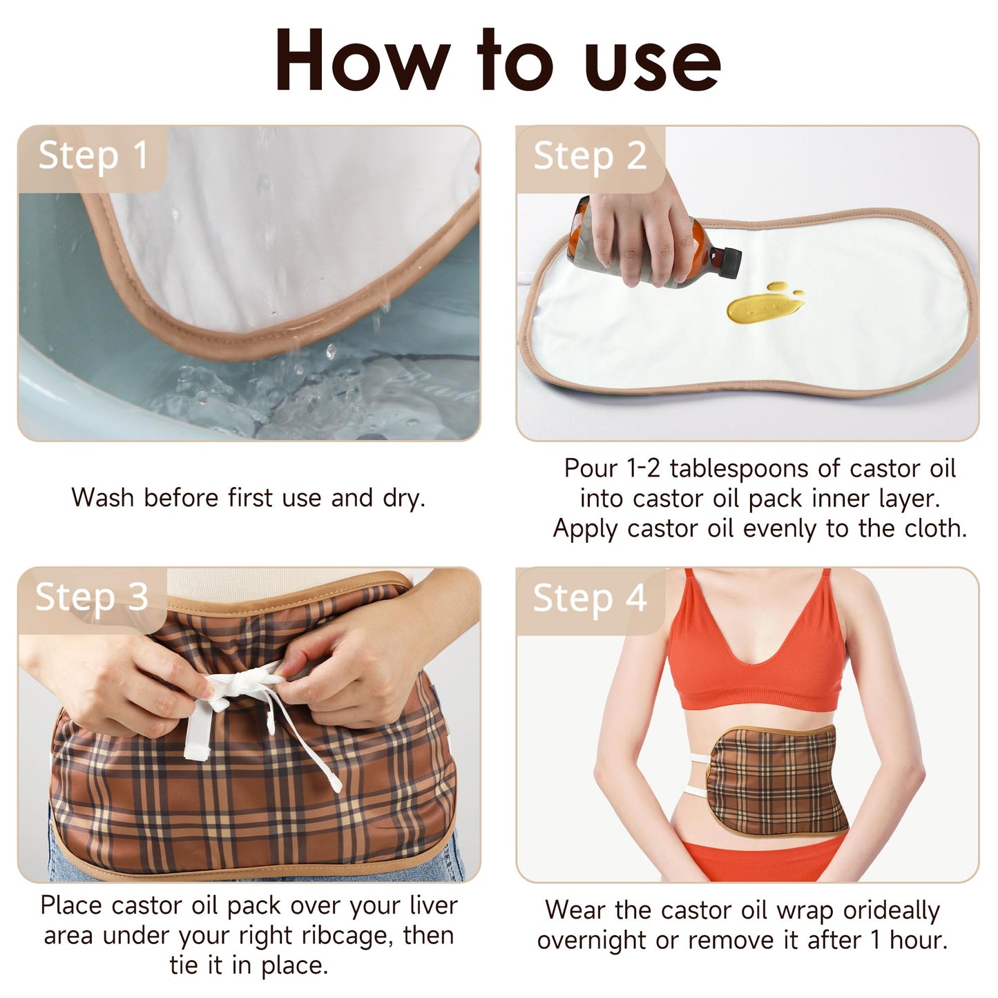 Wegreeco Castor Oil Pack Wrap – Reusable, Machine Washable Liver & Stomach Pack (Brown Plaid)