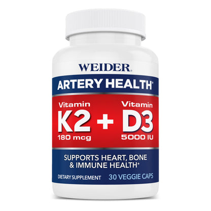 Weider Artery Health – Vitamin K2, D3 & Ginger for Artery & Heart Health (Vegan, Gluten Free) – 30 Capsules