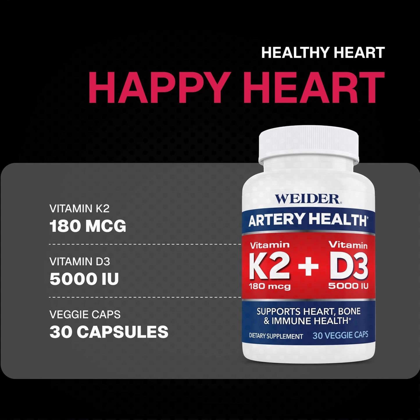 Weider Artery Health – Vitamin K2, D3 & Ginger for Artery & Heart Health (Vegan, Gluten Free) – 30 Capsules