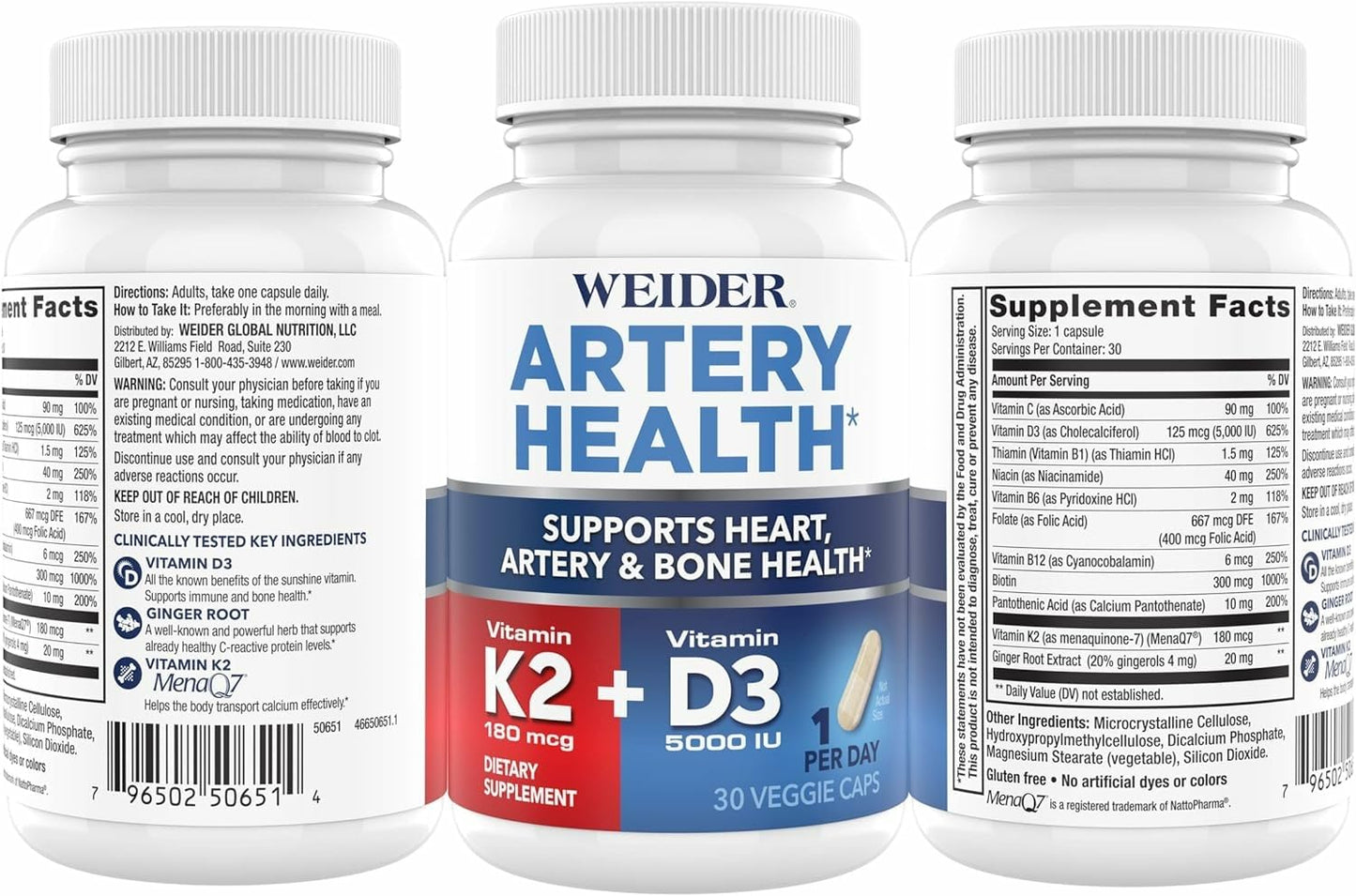 Weider Artery Health – Vitamin K2, D3 & Ginger for Artery & Heart Health (Vegan, Gluten Free) – 30 Capsules