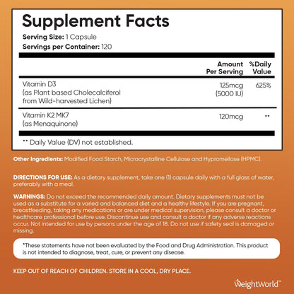 WeightWorld Vegan Vitamin D3 K2 – 120 Capsules, 5000 IU D3 & 120 mcg K2 MK7
