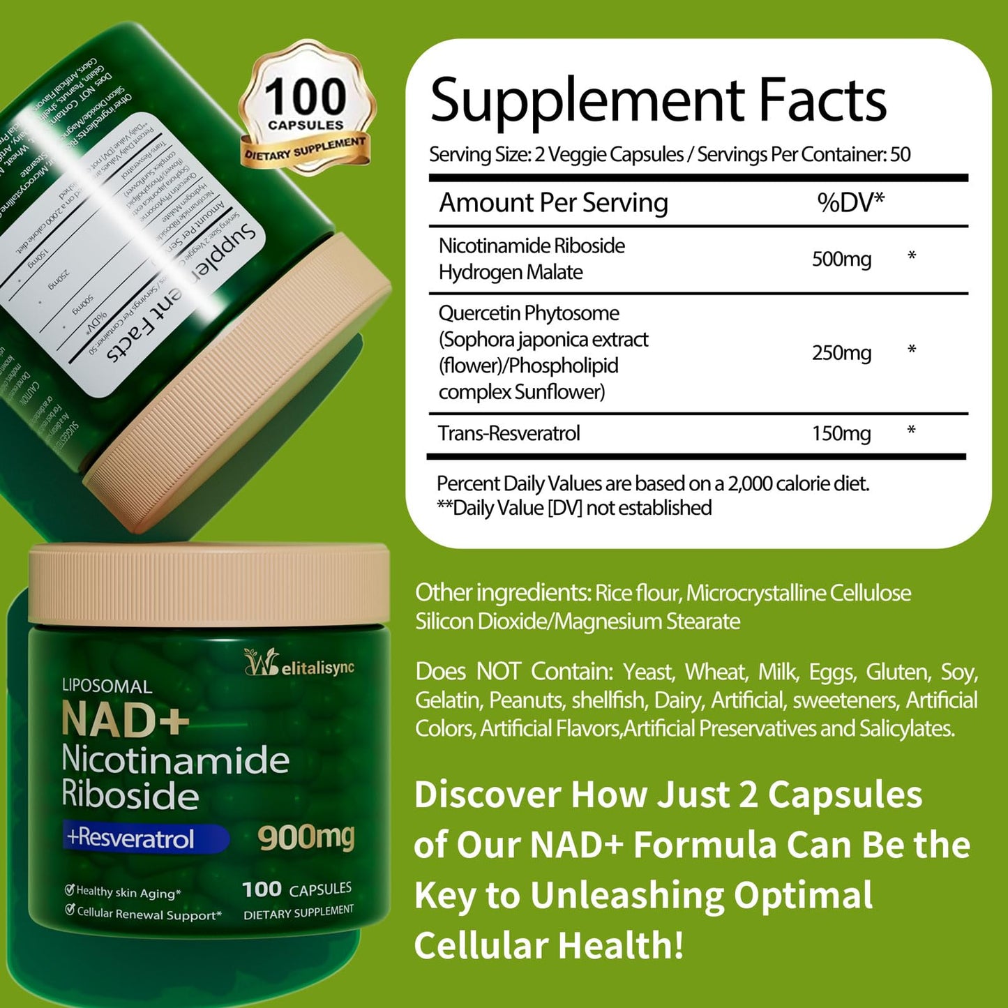 Welitalisync Premium NAD+ Supplement - 900mg NR + Resveratrol, Quercetin | Liposomal, Vegan & Non-GMO