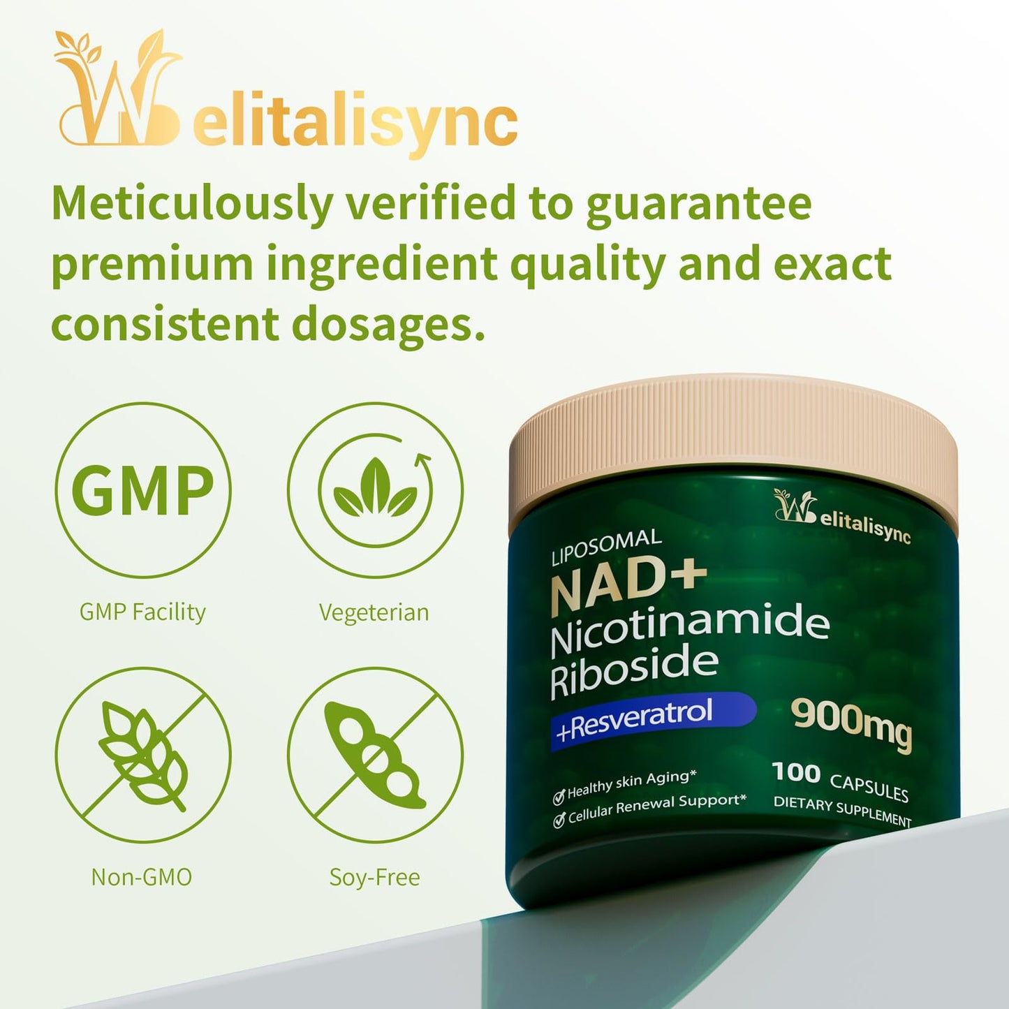 Welitalisync Premium NAD+ Supplement - 900mg NR + Resveratrol, Quercetin | Liposomal, Vegan & Non-GMO