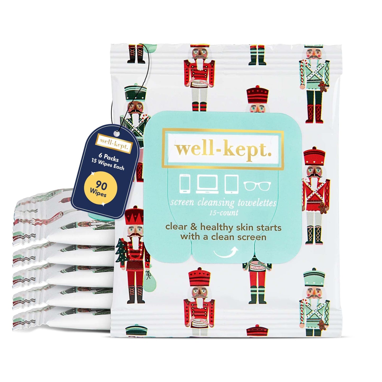 Well-Kept Tech & Lens Wipes – Eyeglass, Screen & Phone Cleaning (Nutcracker 6 Pack, 90 Count)