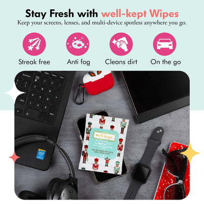 Well-Kept Tech & Lens Wipes – Eyeglass, Screen & Phone Cleaning (Nutcracker 6 Pack, 90 Count)