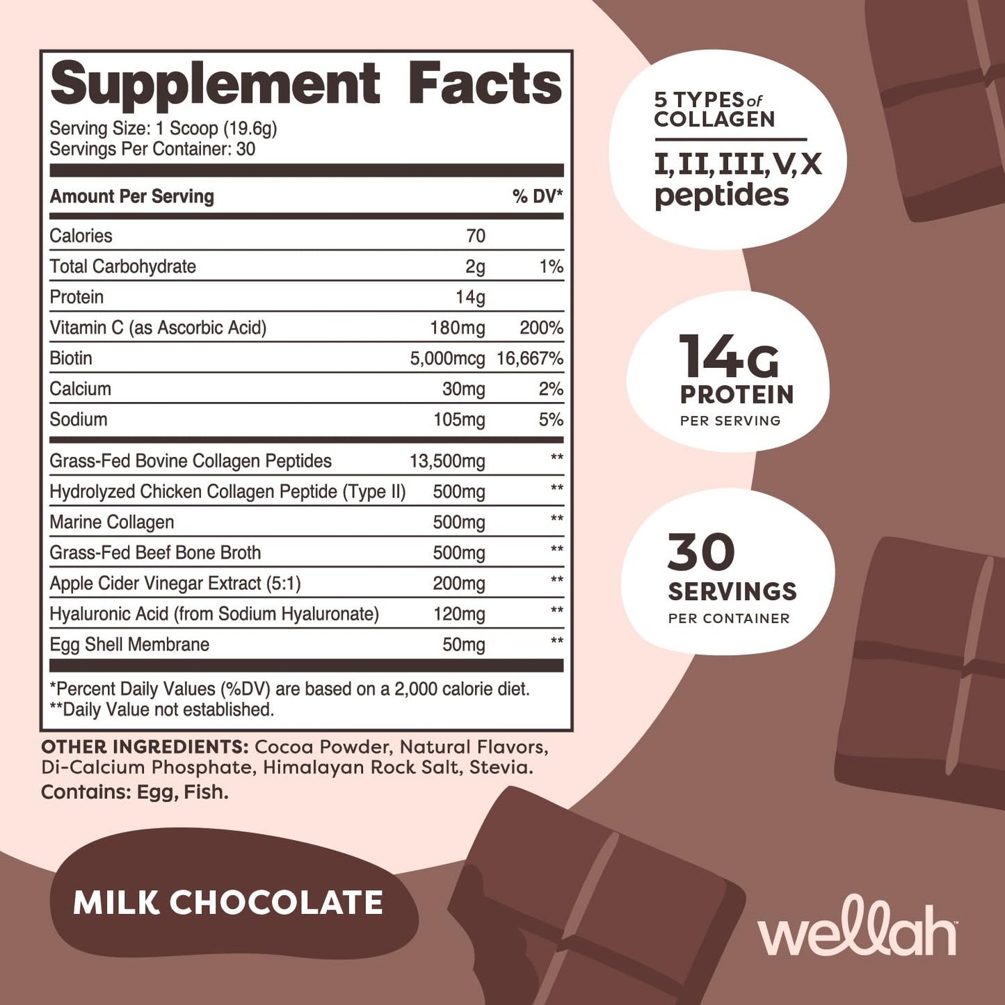 Wellah The Afterglow Multi Collagen Protein + Beauty – Chocolate, 30 Servings | Hair, Skin & Joints