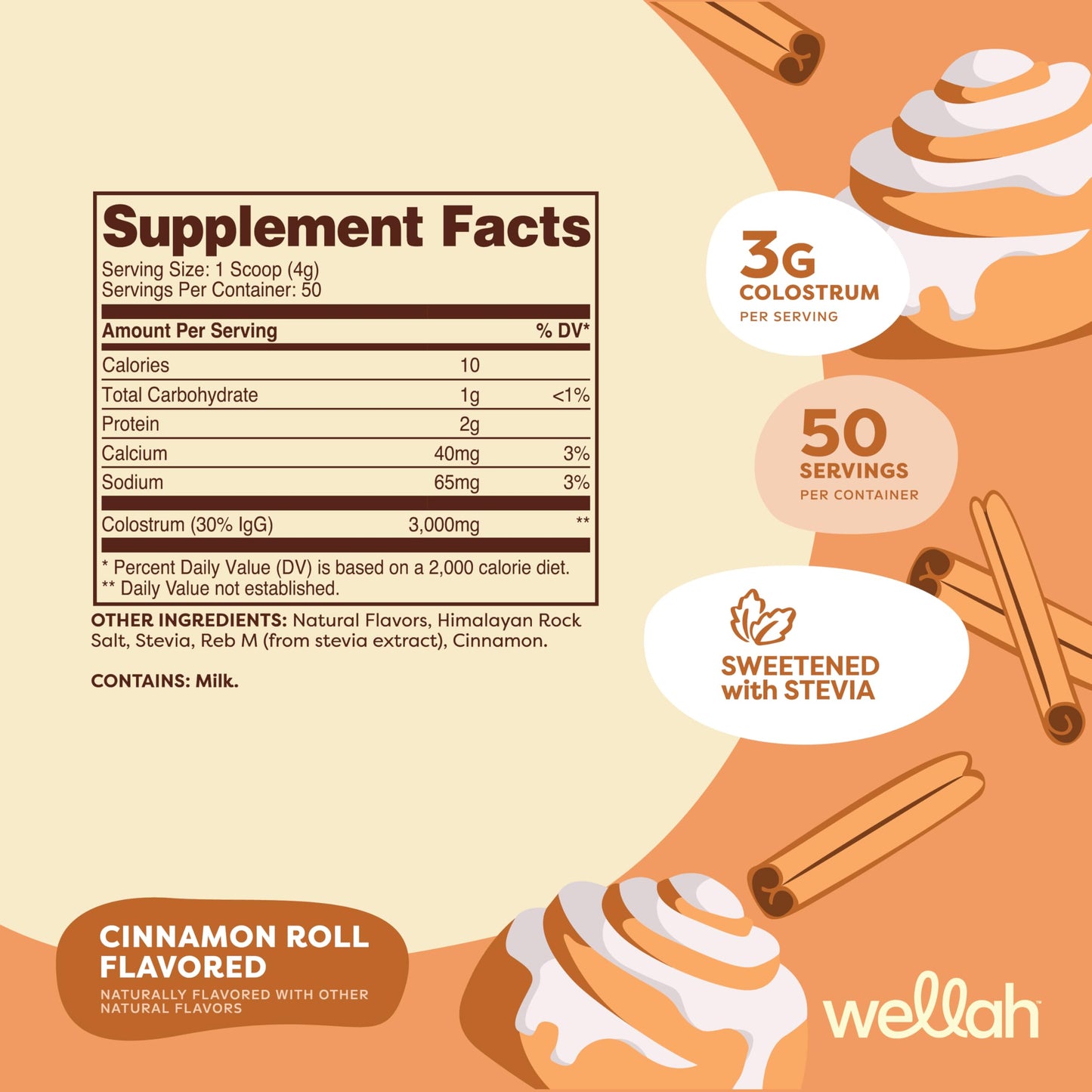 Wellah Colostrum Cinnamon Roll – 50 Servings, 3g/Serving, Stevia-Sweetened