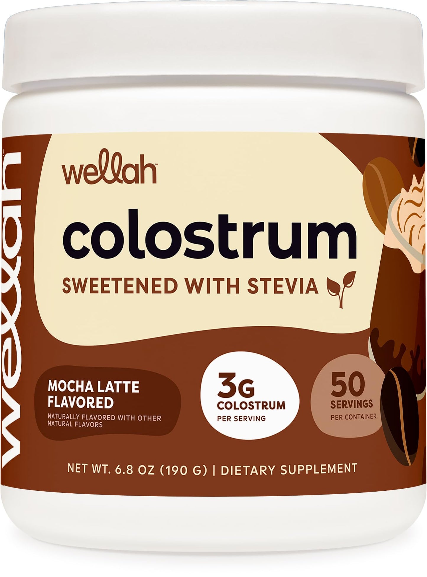 Wellah Colostrum Mocha Latte - 50 Servings, 3g Per Serving, Stevia-Sweetened
