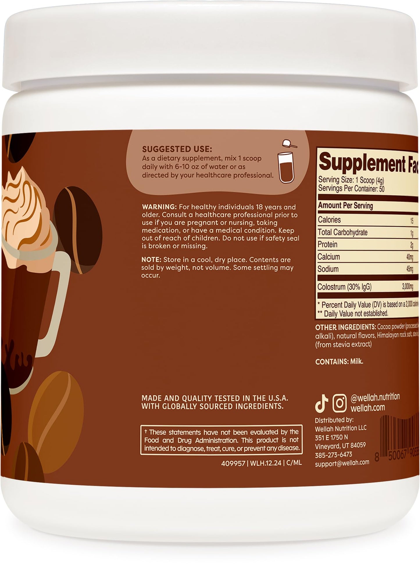 Wellah Colostrum Mocha Latte - 50 Servings, 3g Per Serving, Stevia-Sweetened