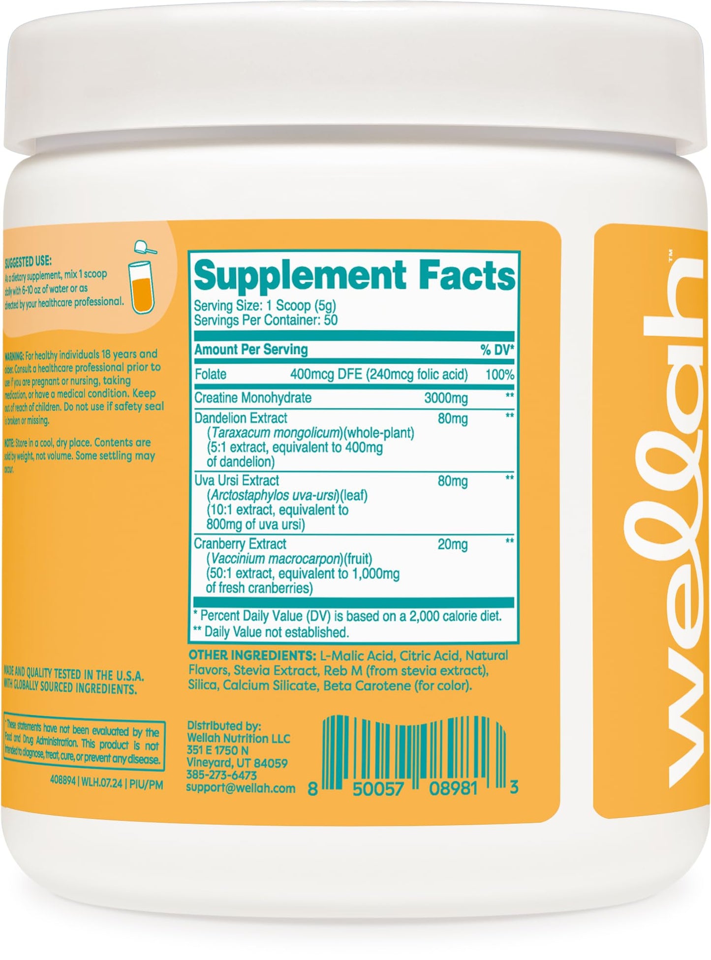 Wellah Creatine for Women Pineapple Mango | 50 Servings | Creatine Monohydrate with Dandelion & Cranberry