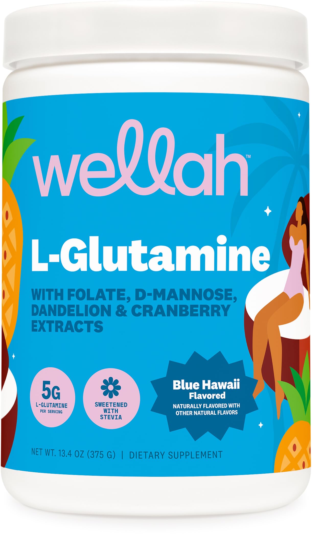 Wellah L-Glutamine Powder Blue Hawaii – 50 Servings (5g/serving) | Stevia
