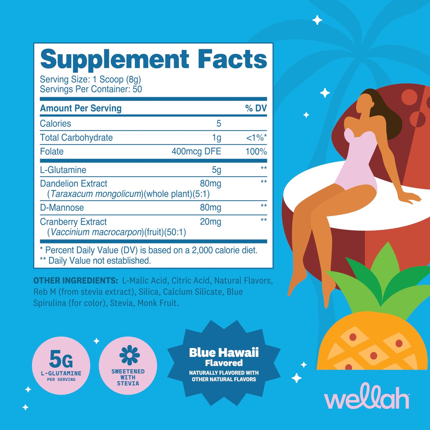 Wellah L-Glutamine Powder Blue Hawaii – 50 Servings (5g/serving) | Stevia
