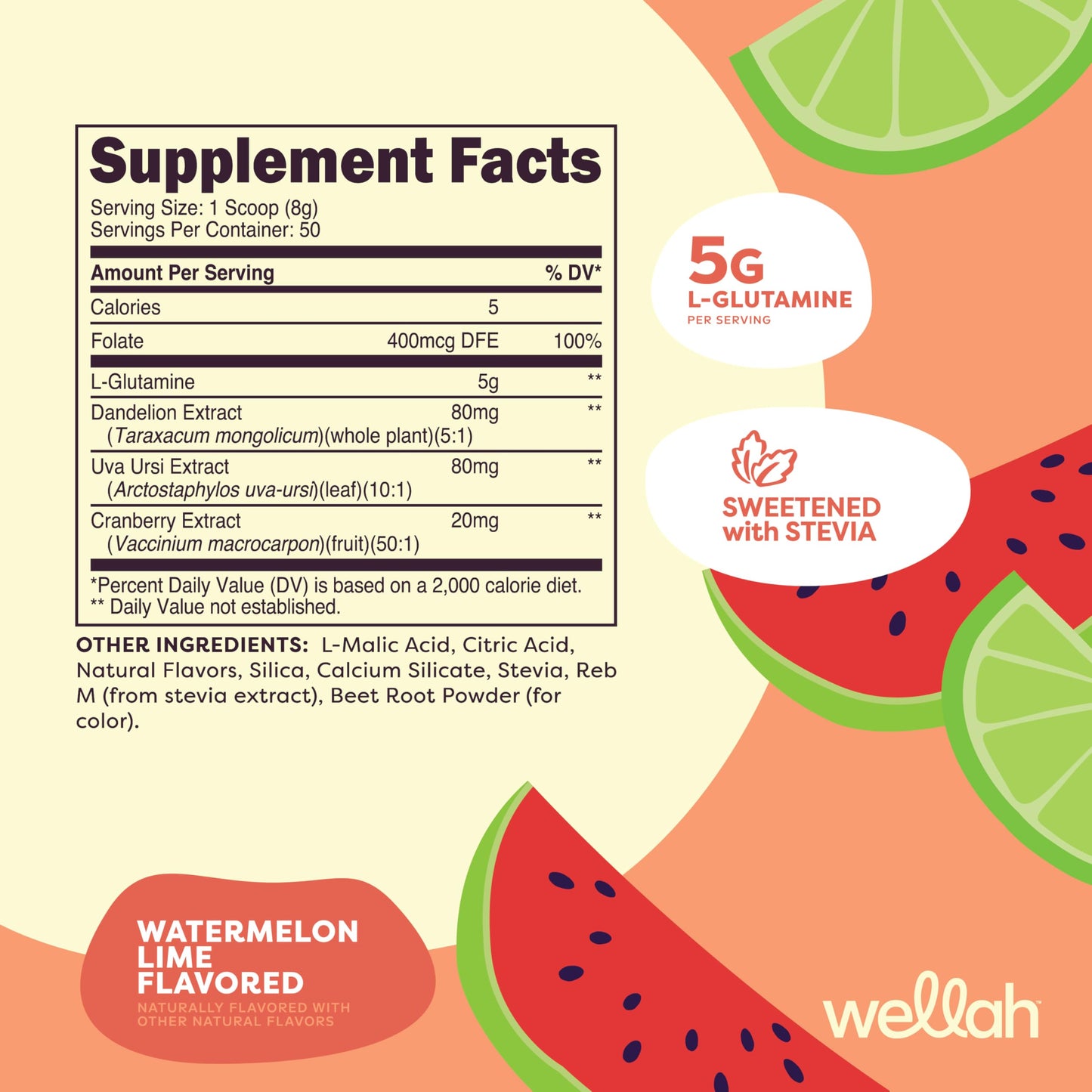 Wellah L-Glutamine Powder Watermelon Lime 50 Servings (5g per Serving)