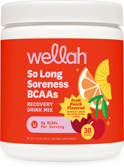 Wellah So Long Soreness BCAA Powder (Fruit Punch Flavored) 30 Servings – with Hydration Complex