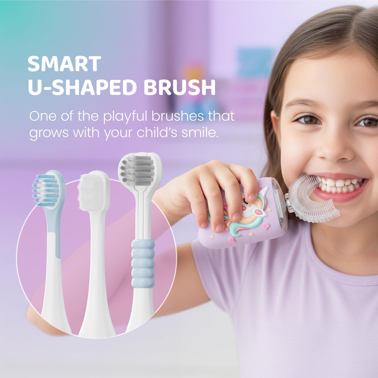 Well Before Ultrasonic Kid's U-Shaped Toothbrush – IPX7 Waterproof, 5 Modes (Unicorn/Purple) Ages 2-7