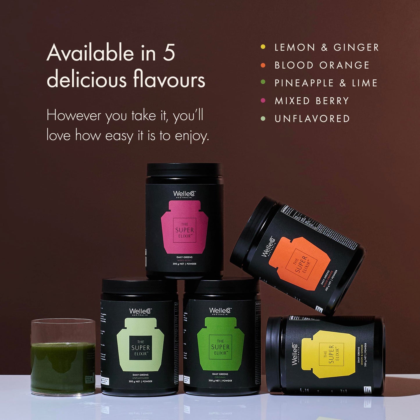 WelleCo The Super Elixir Daily Greens Powder – Probiotic Drink Mix (300g, Mixed Berry)
