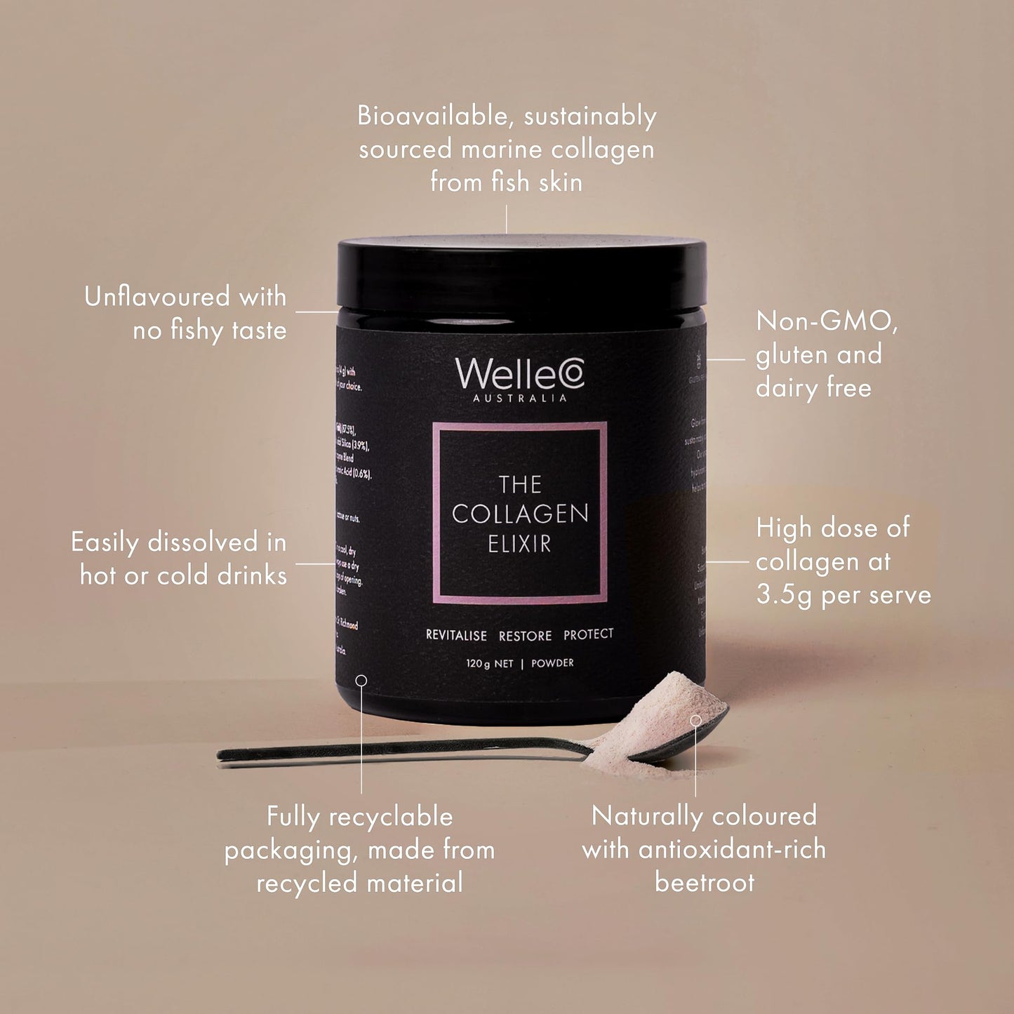 WelleCo The Collagen Elixir – Marine Collagen Peptides, Hyaluronic Acid & Vitamin C (Unflavored, 4.23 oz)