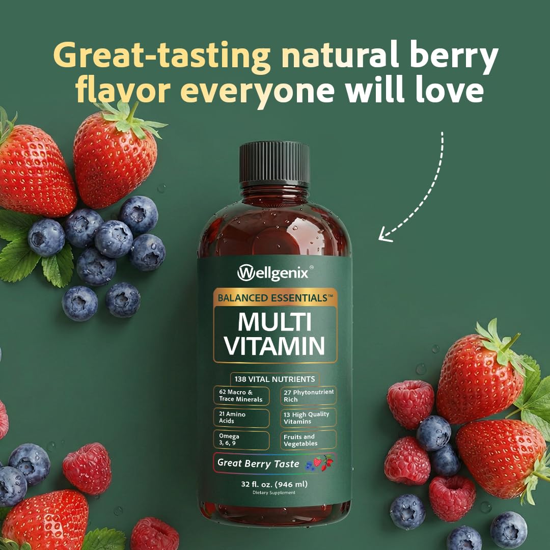 Wellgenix Balanced Essentials Plus Liquid Multivitamin — Berry Flavor, Daily 1oz Dose, Immune Support