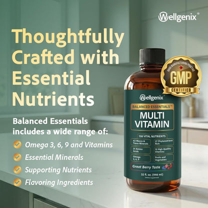 Wellgenix Balanced Essentials Plus Liquid Multivitamin — Berry Flavor, Daily 1oz Dose, Immune Support