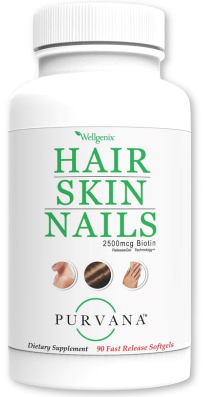 Wellgenix Purvana Hair, Skin, and Nails – One a Day Softgel (90 Count) 2500mcg Biotin
