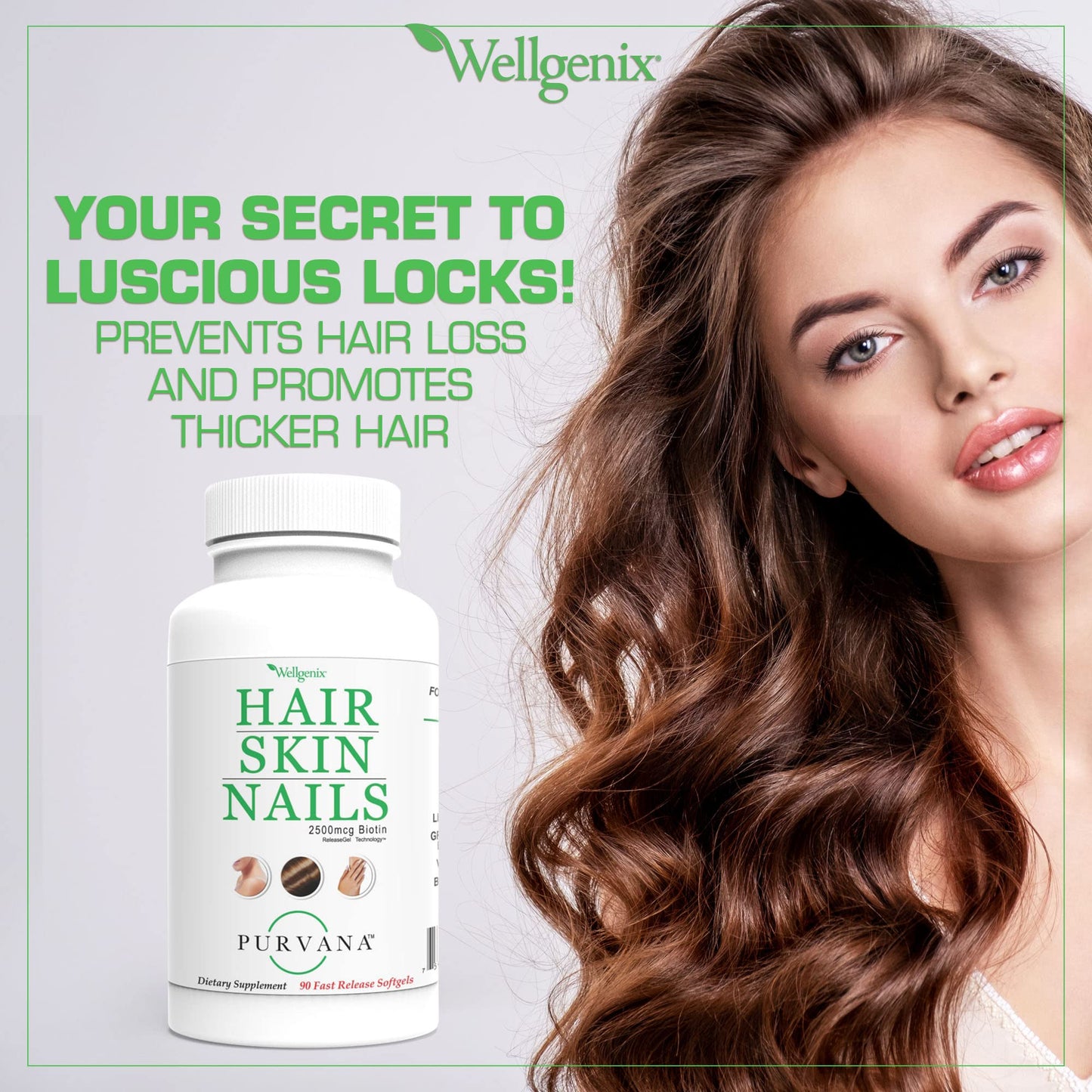 Wellgenix Purvana Hair, Skin, and Nails – One a Day Softgel (90 Count) 2500mcg Biotin