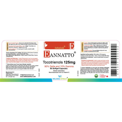 Wellness Extract Annatto Tocotrienols Vitamin E - Tocopherol-Free, Non-GMO, Gluten Free (125mg, 60 Softgels)