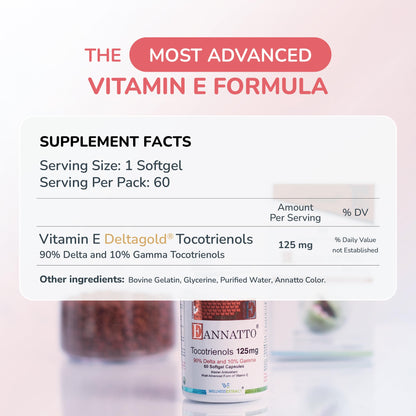 Wellness Extract Annatto Tocotrienols Vitamin E - Tocopherol-Free, Non-GMO, Gluten Free (125mg, 60 Softgels)