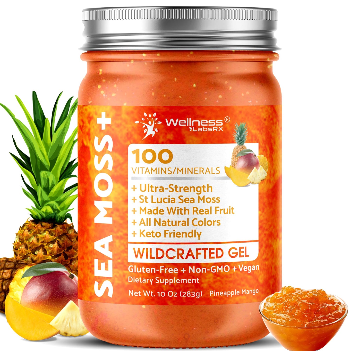 WELLNESS LABSRX Irish Sea Moss Gel Raw - Pineapple Mango Flavor, 10 oz
