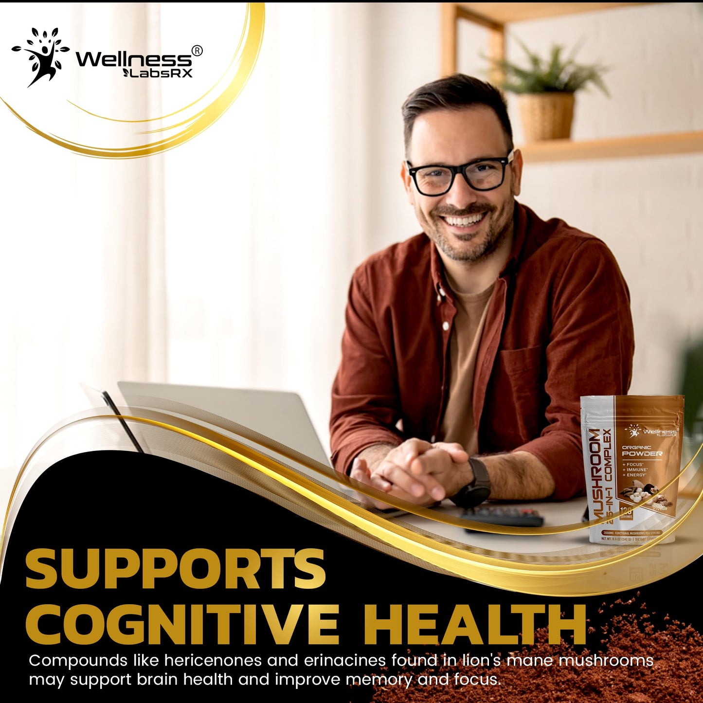 WELLNESS LABSRX 25-in-1 Mushroom Powder – 2000mg, Lion's Mane & 24 Other Mushrooms, 120 Servings