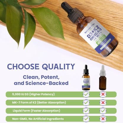 Wellness Wise Naturals Omega-3 + Vitamin D3 5000 IU with MK-7 K2 – Heart & Bone Support (1 fl oz)
