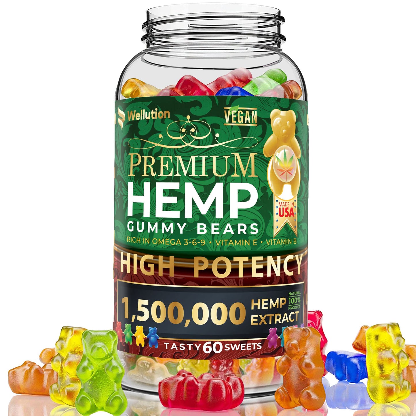 WELLUTION Hemp Gummies – High Potency 1,500,000 mcg – 60ct – Natural Fruity Bear for Relaxation and Peace – Fast-Acting