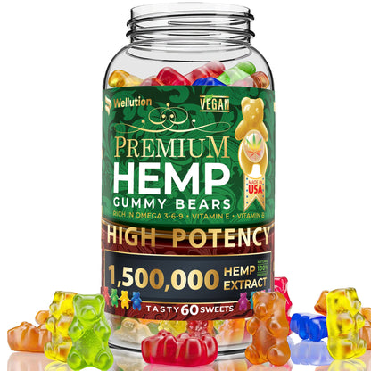 WELLUTION Hemp Gummies – High Potency 1,500,000 mcg – 60ct – Natural Fruity Bear for Relaxation and Peace – Fast-Acting
