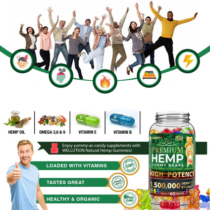 WELLUTION Hemp Gummies – High Potency 1,500,000 mcg – 60ct – Natural Fruity Bear for Relaxation and Peace – Fast-Acting