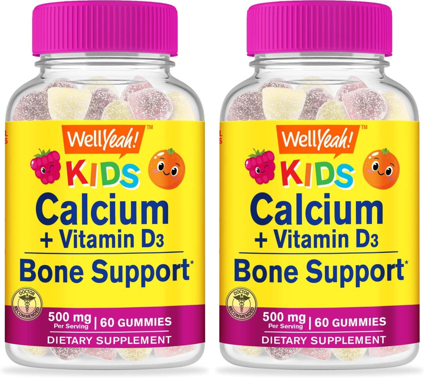 WellYeah Calcium 500mg + Vitamin D3 1000 IU (25 mcg) Gummies for Kids - Bone Health and Muscle Supprt, Immune Support Gummy, Non GMO, Gluten Free, Mix Fruit Flavors - 60 Gummies (Pack of 2)