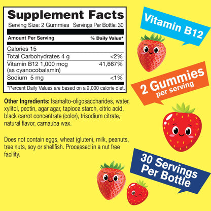 WellYeah Kid's Vitamin B12 1000mcg Gummies – Sugar Free, Strawberry Flavor, 60 Count (Pack of 2)