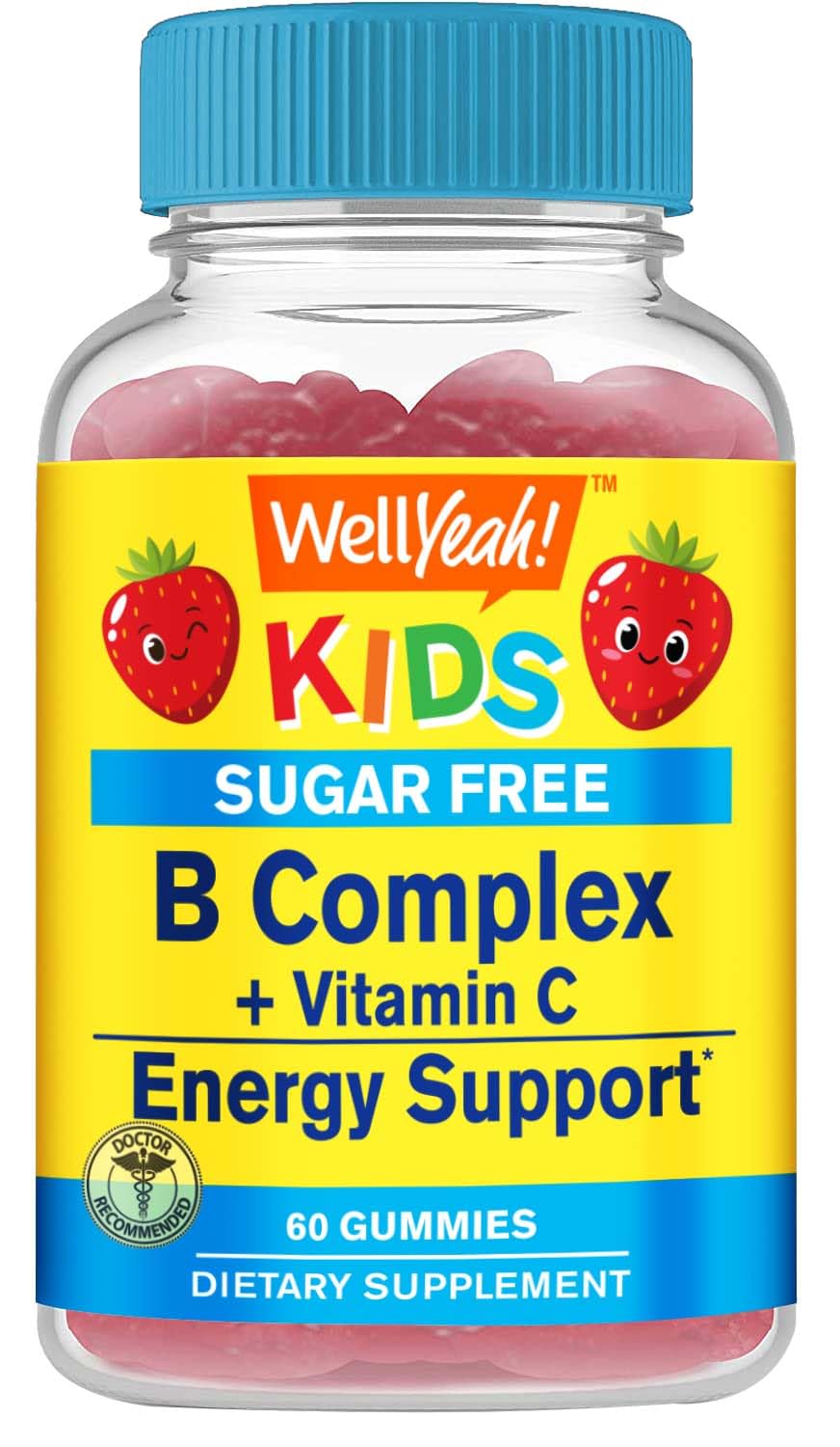 WellYeah Kids Vitamin B Complex Sugar Free Gummies | with Vitamin C, Folic Acid | Immune and Energy Support | Strawberry Flavor | 60 Count