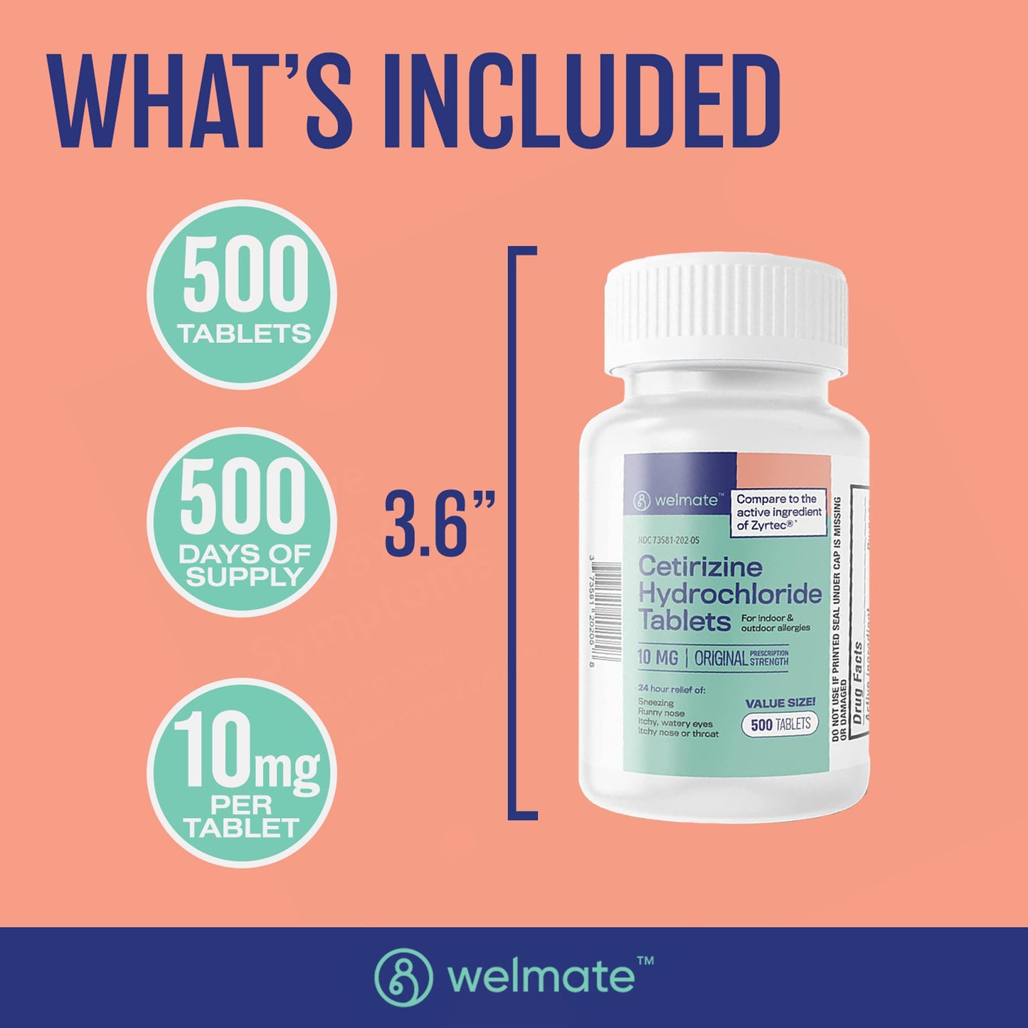 WELMATE Allergy Relief – Cetirizine 10mg, 24-Hour Non-Drowsy (500 Tabs)