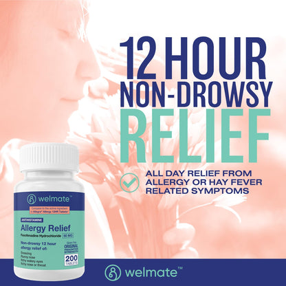 WELMATE Fexofenadine HCl 60mg – Non-Drowsy, 12-Hour Allergy Relief (200 Tablets)