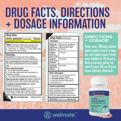 WELMATE Allergy Relief – Fexofenadine HCl 180 mg, 24 Hour Non-Drowsy – 40 Count