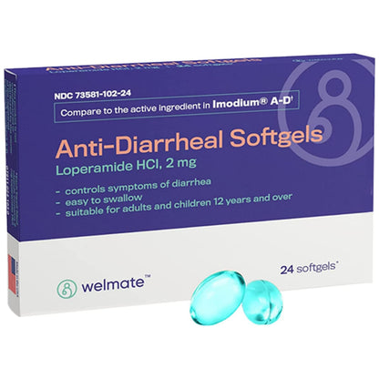 WELMATE Anti-Diarrheal Softgels 24 Count - Loperamide HCl 2 mg for Diarrhea Symptom Relief