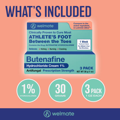 WELMATE Butenafine 1% Cream – Fast-Acting Athlete's Foot Treatment (3 Pk)