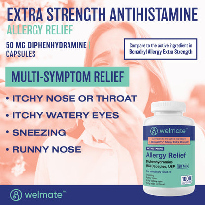 WELMATE Allergy Relief Diphenhydramine 50 mg — 1000 Count Capsules | Antihistamine for Sneezing, Runny Nose & Itchy Eyes