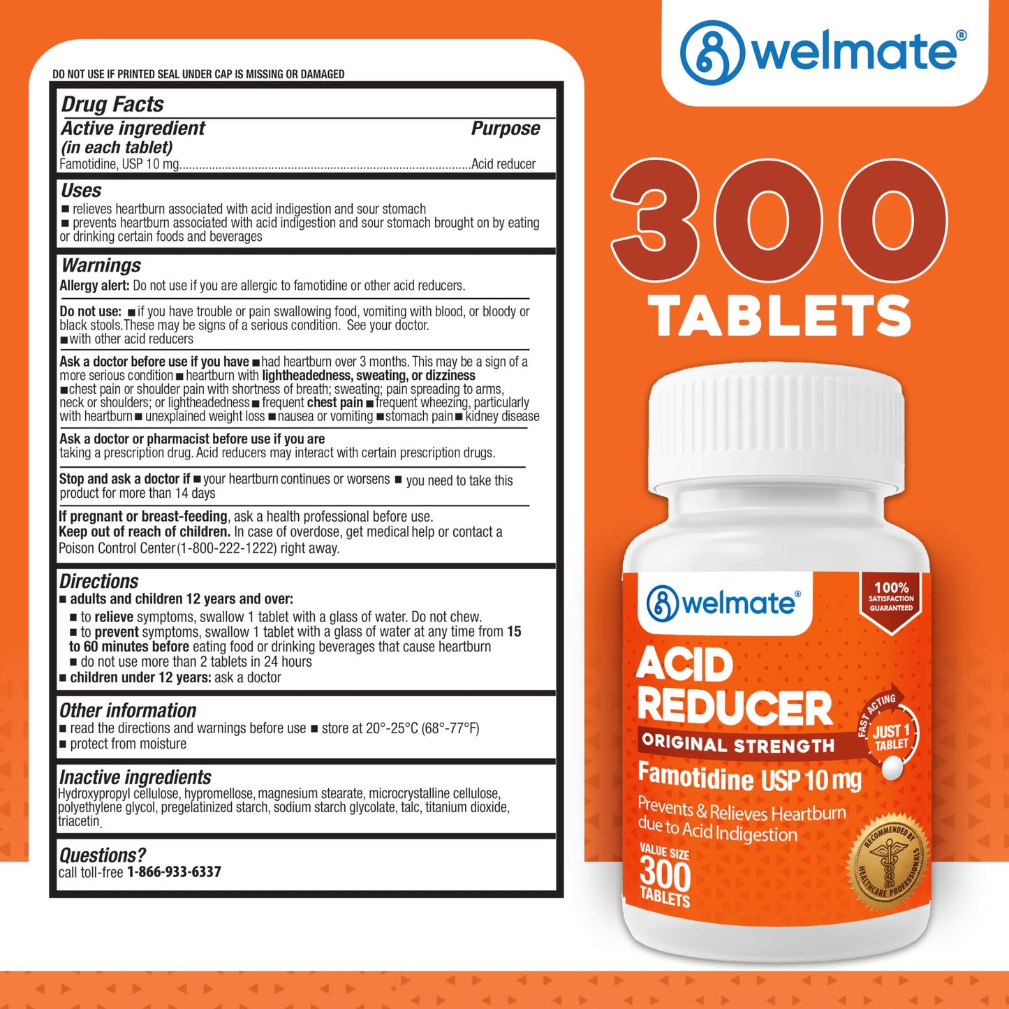 WELMATE Famotidine 10mg Original Strength – Heartburn Relief, 300 Tablets