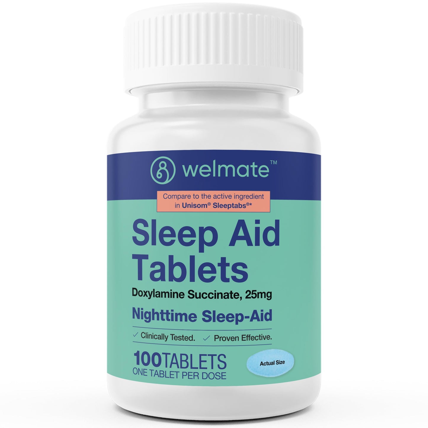 WELMATE Nighttime Sleep Aid 25 mg Doxylamine Succinate | 100 Tablets | Adults & 12+