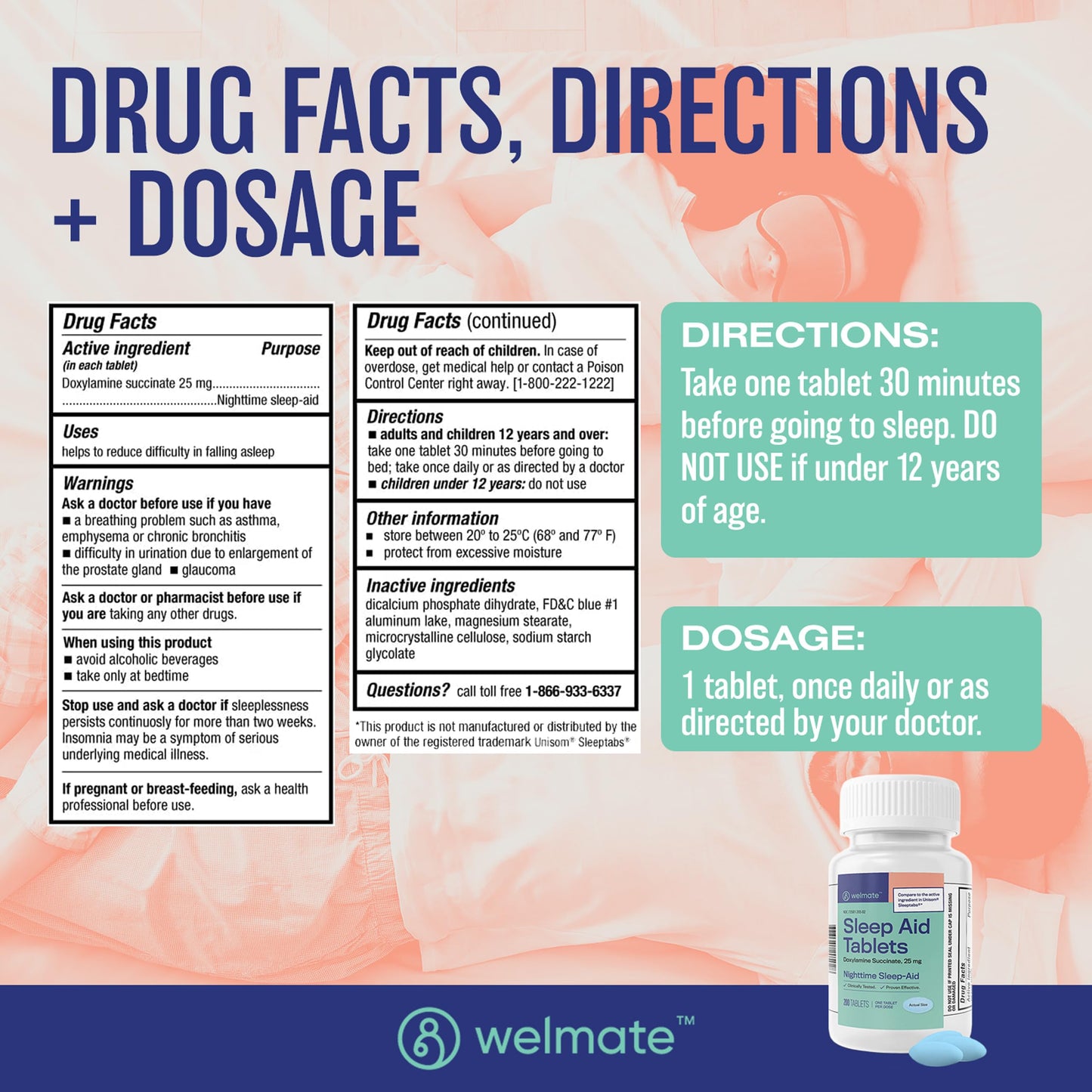 WELMATE Nighttime Sleep Aid 25 mg Doxylamine Succinate – 200 Tablets | Adults & 12+